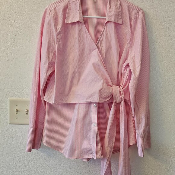 CUPIO Pink White Stripe Wrap Side Bow Button Down Shirt Long Sleeve Blouse Sz L - Picture 5 of 8